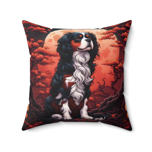 Cavalier King Charles Spaniel Samurai Dog Japanese Art Square Pillow