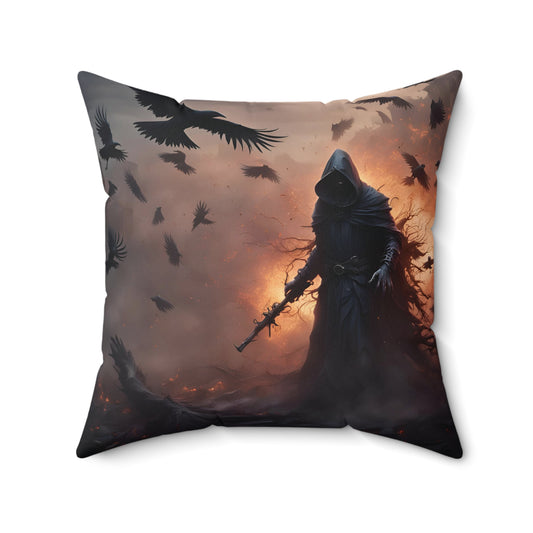 Reaper Skeleton Manifesting Ravens and Crows From His Dark Abyss Gothic Decor Square Throw Pillow