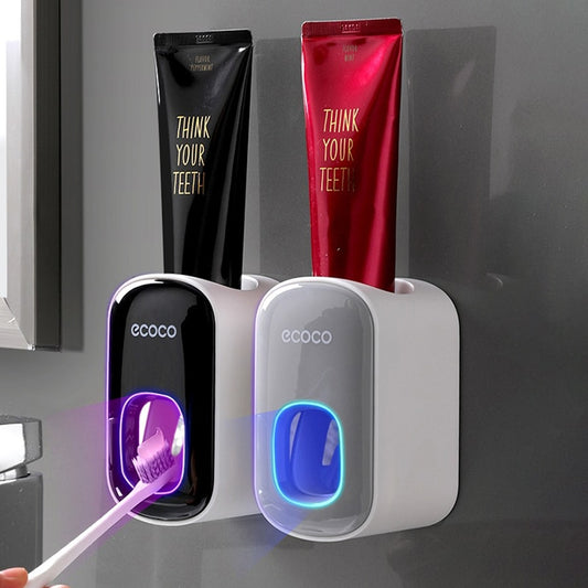 ECOCO Wall Mount Automatic Toothpaste Dispenser and Toothbrush Holder